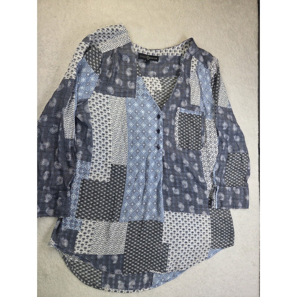 Fred David Patchwork Paisley Boho Tunic Top Women's Large Blue Rayon